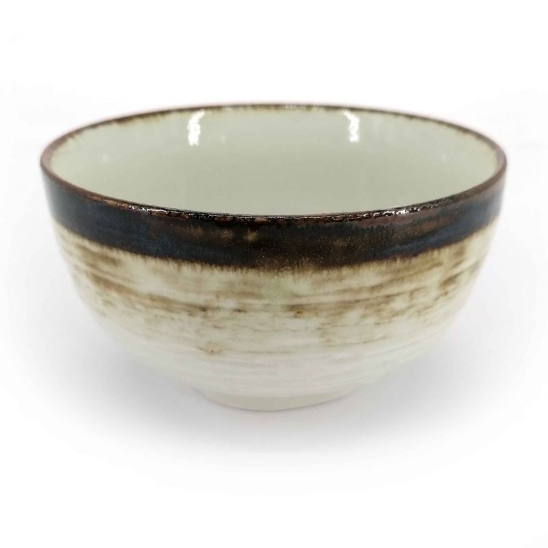 Bol donburi japonais en céramique blanc bordure marron - KYOKAI - 12.5cm
