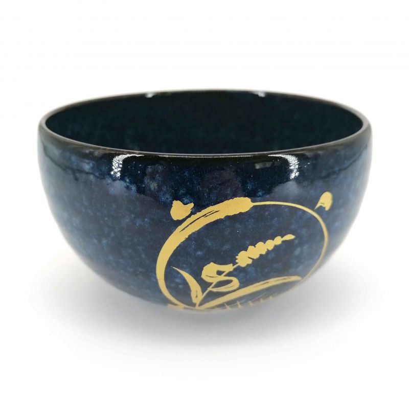 Ciotola donburi in ceramica giapponese, blu, motivo circolare dorato - KOGANE NO SHIZEN