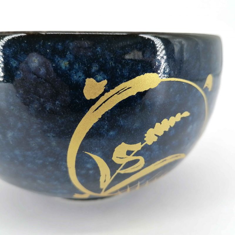 Cuenco donburi de cerámica japonesa, azul, patrón circular dorado - KOGANE NO SHIZEN