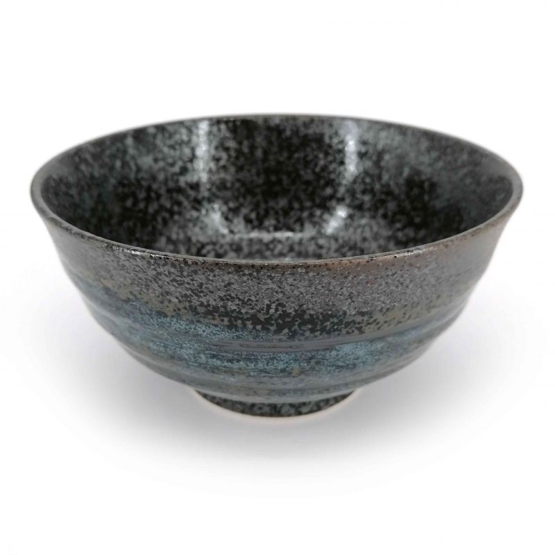 Japanese ceramic donburi bowl, black, brown blue reflections - HANTEN