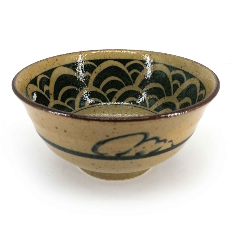 Bol japonais donburi en céramique beige et marron motif vagues noires - KURO SEIGAIHA - 17cm