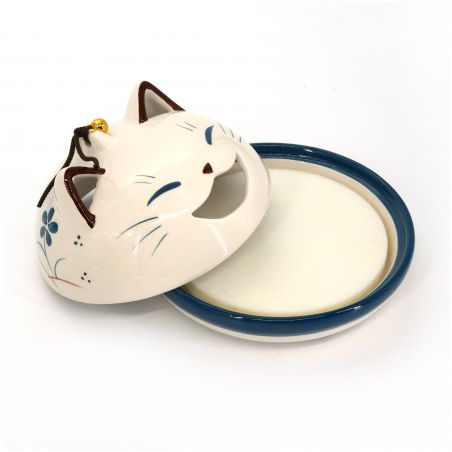 Supporto antizanzare in ceramica giapponese testa di gatto bianco e blu - NEKO - 10 cm