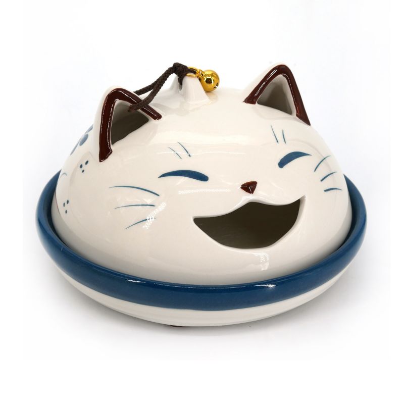 Supporto antizanzare in ceramica giapponese testa di gatto bianco e blu - NEKO - 10 cm