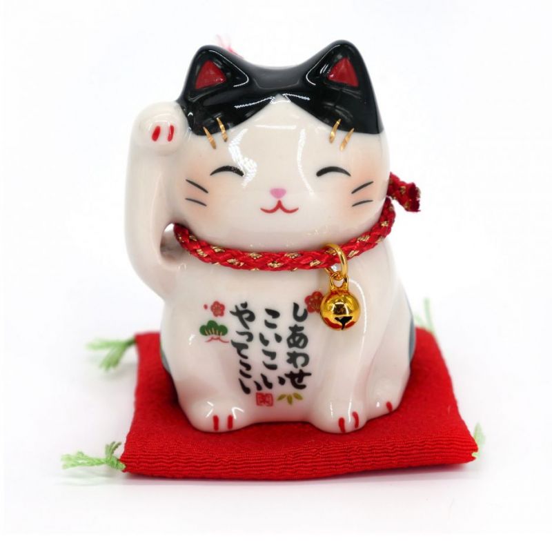 Gato de la suerte japonés manekineko blanco y negro en cerámica, BUCHI, 6 cm
