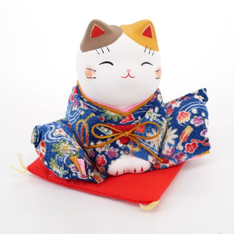 Gatto manekineko giapponese fortunato in ceramica, KIMONO, blu