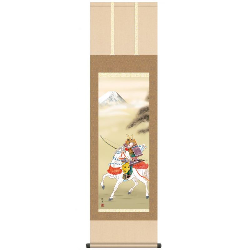 Japonés Kakemono Kakejiku, Samurai en su caballo blanco - BUSHI