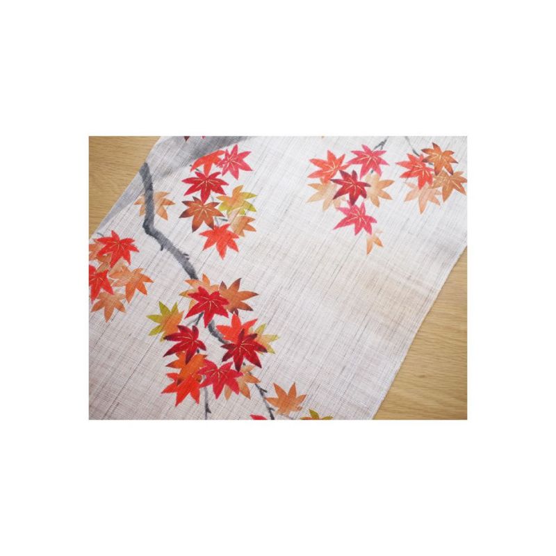 Tapisserie en chanvre beige et orange peinte à la main motif feuilles d'automne, MOMIJI NO UTAGE, 40x120cm 