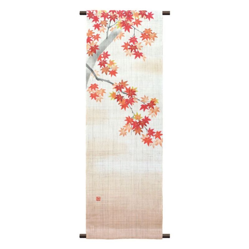 Hand painted beige and orange hemp tapestry with autumn leaves pattern, MOMIJI NO UTAGE, 40x120cm