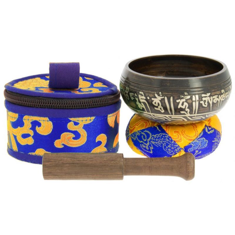 Tibetan bowl with black symbols and its handcrafted storage pouch, 7.5 cm