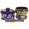 Tibetan bowl with black symbols and its handcrafted storage pouch, 7.5 cm