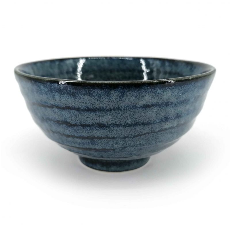 Japanese ceramic rice bowl, blue with dark lines - KURAI SEN