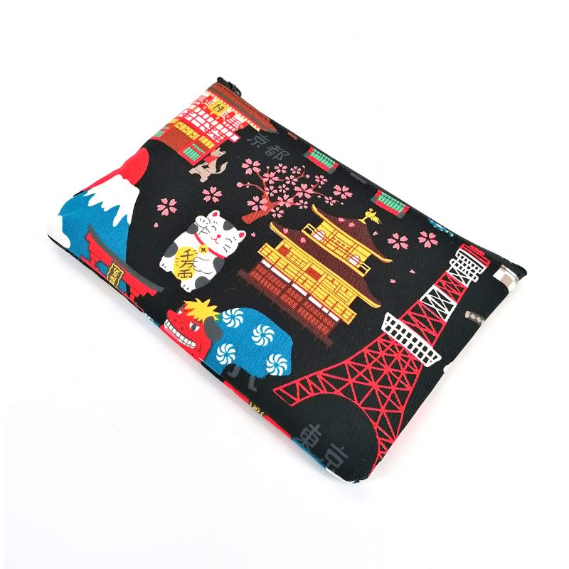 Estuche japonés de algodón negro con motivo de Japón, NIHON