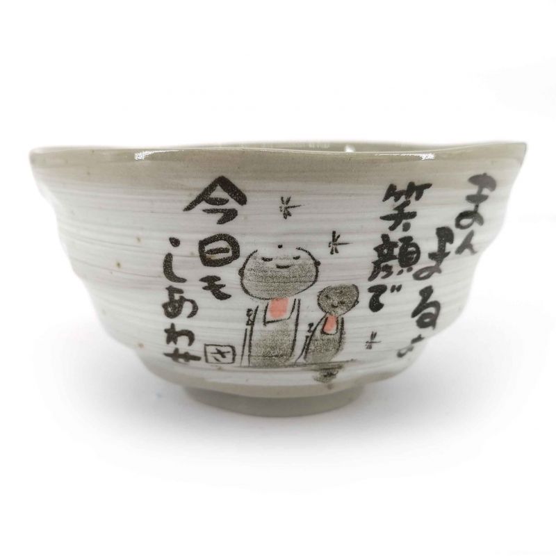 Japanische Keramikreisschale, graue buddhistische Illustrationen - BUKKYOTO