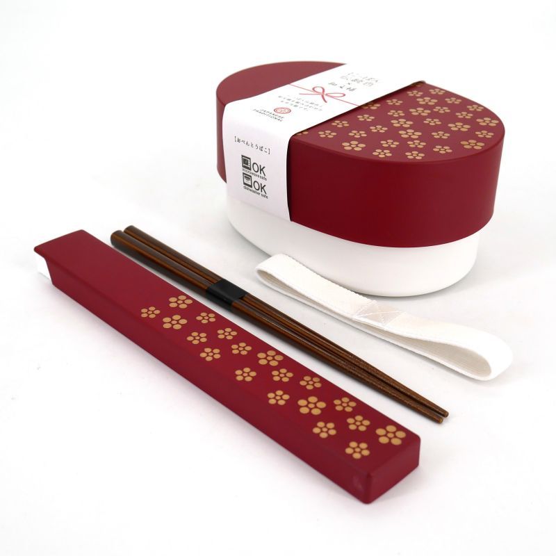 Lonchera bento oval japonesa, UMEMON, rojo + palillos