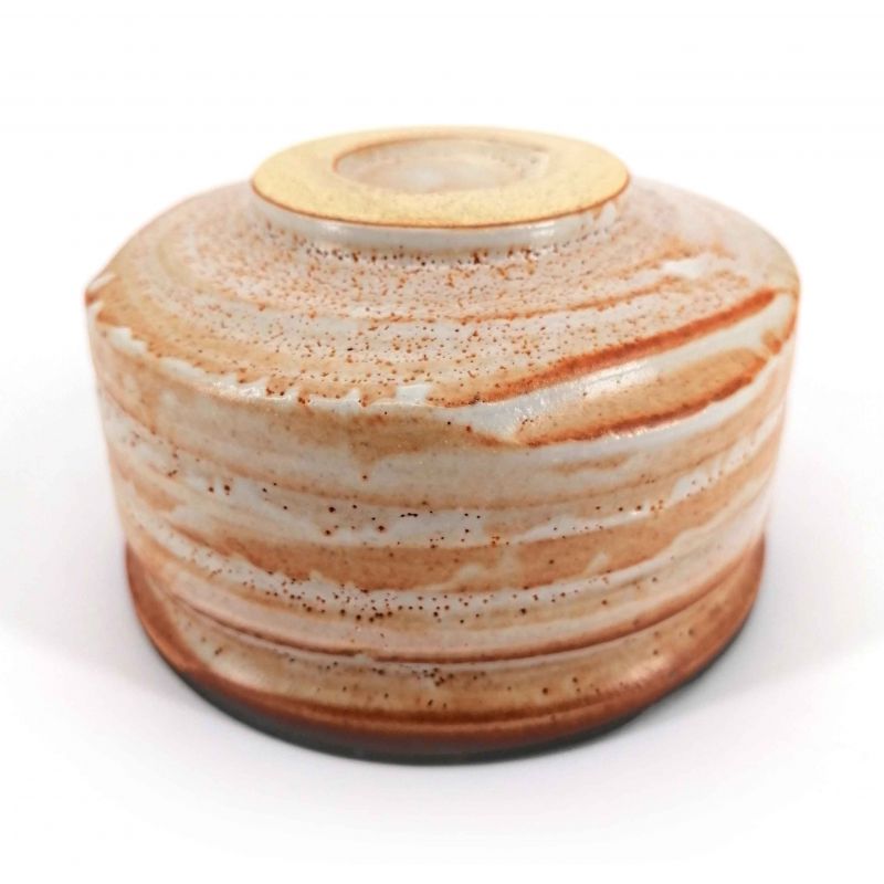 Cuenco para ceremonia del té japonesa en cerámica, rayas blancas y naranjas - SHIMA