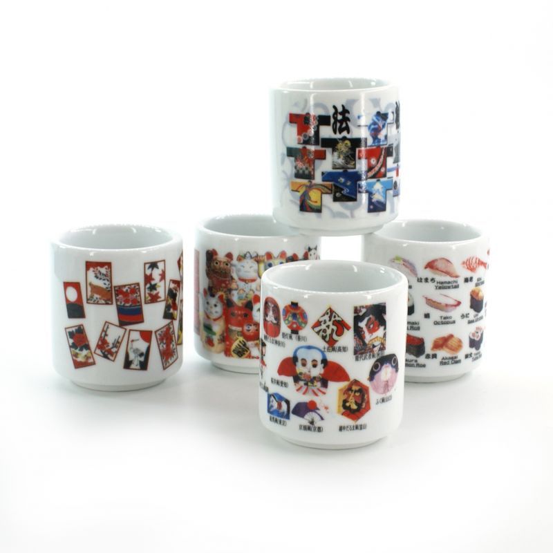 set de 5 tasses à saké traditionnelles japonaises, WAGARA, motifs japonais