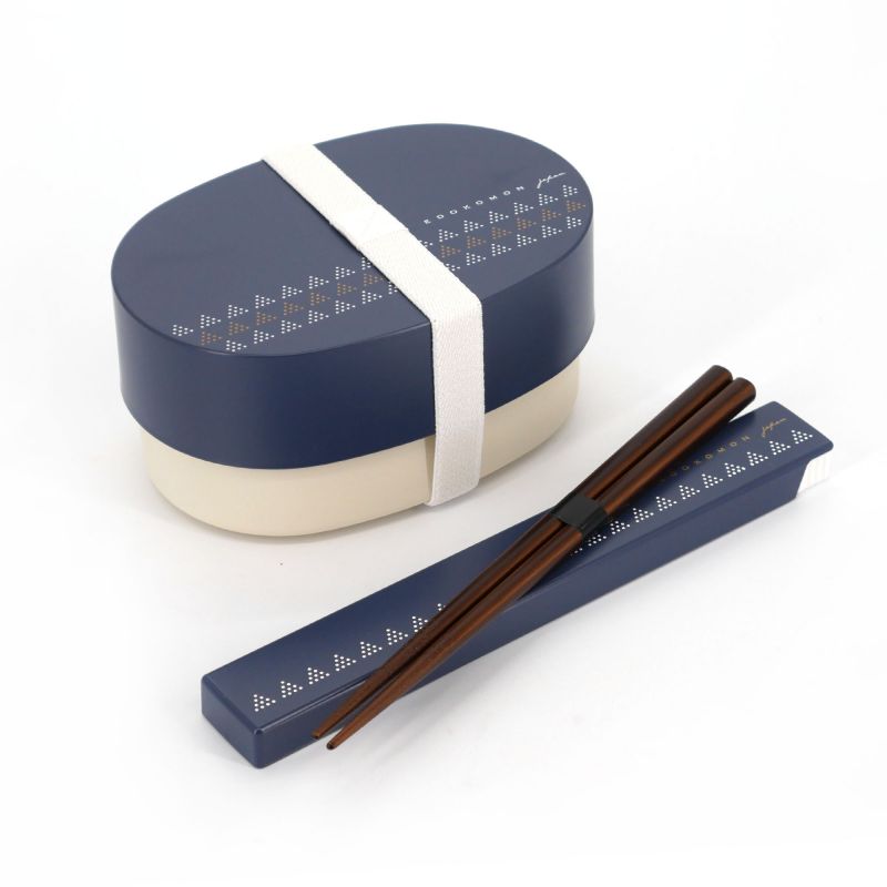 Scatola da pranzo ovale blu giapponese Bento con motivo tradizionale Edo e il suo paio di bacchette abbinate, UROKOMON, 13,6 cm