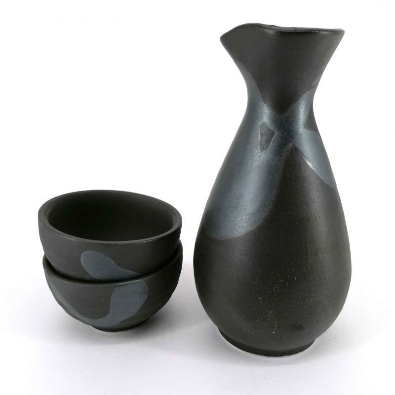 Servicio de sake de cerámica, botella y 2 tazas, negro y gris plateado - GIN