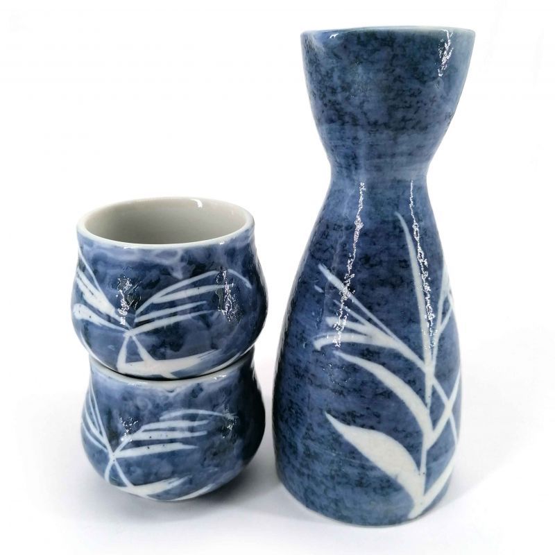 Servizio di sake in ceramica, bottiglia e 2 tazze, blu e bianco - TAKE