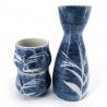 Servicio de sake de cerámica, botella y 2 tazas, azul y blanco - TAKE