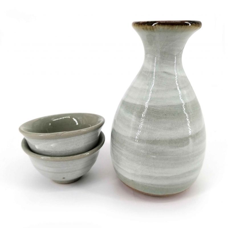 Servizio di sake in ceramica, bottiglia e 2 tazze, smalto craquelé grigio - WARETA