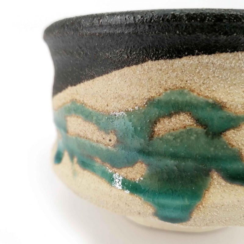 Cuenco para ceremonia del té japonesa en cerámica, negro y beige con gotas turquesas - TAKOIZU SHITATARI