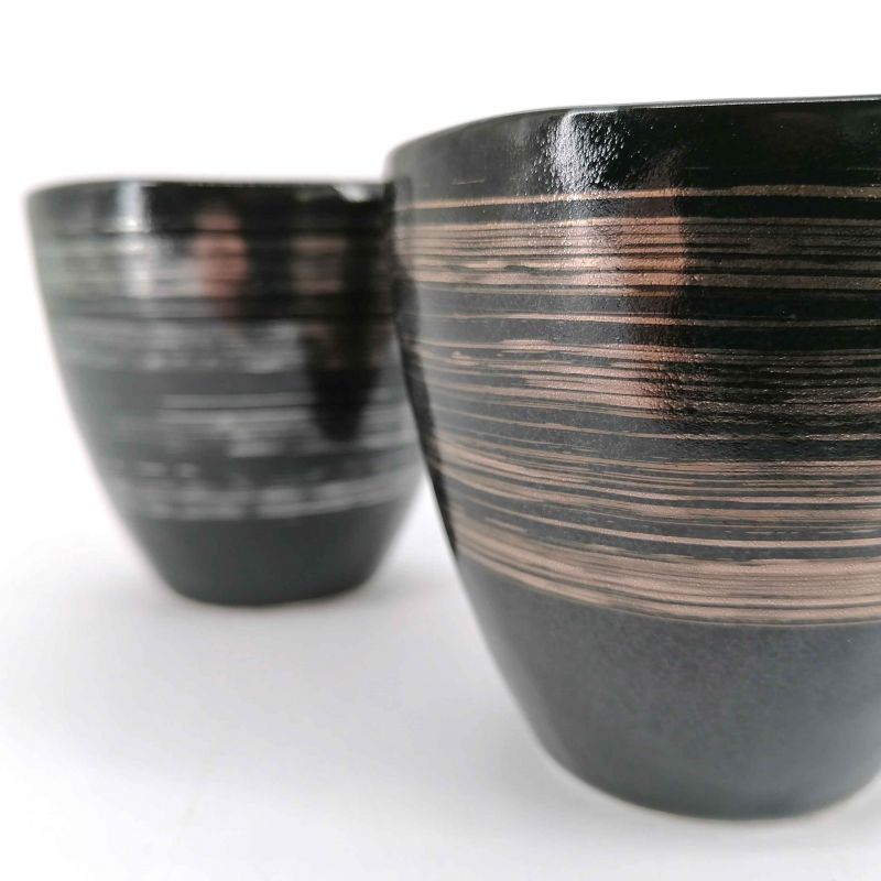 Duo of Japanese tea cups in ceramic, black and silver lines - GIN