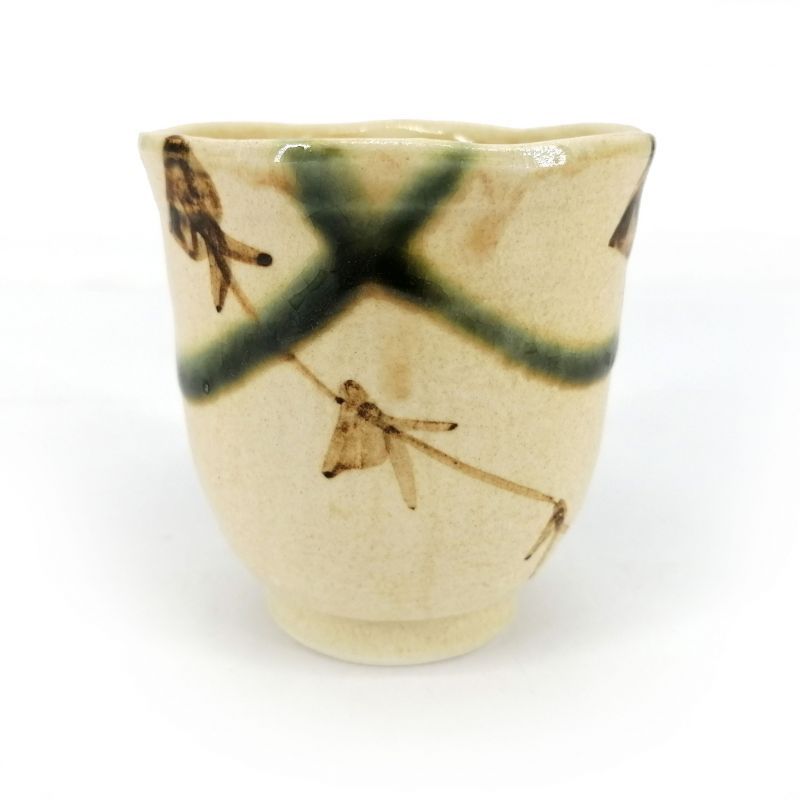 Taza de té de cerámica japonesa, beige con líneas verdes - BEJU