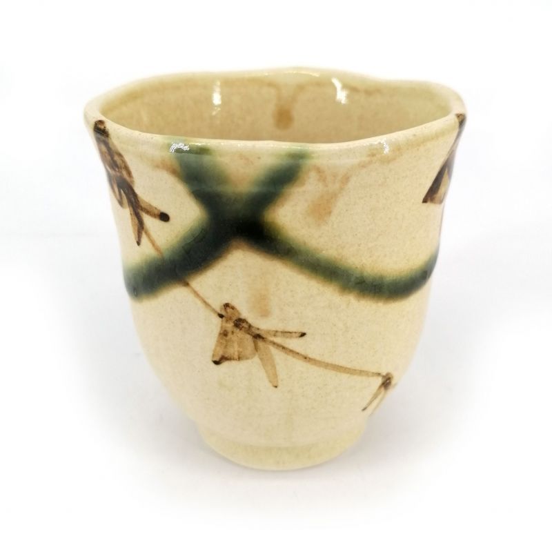 Taza de té de cerámica japonesa, beige con líneas verdes - BEJU