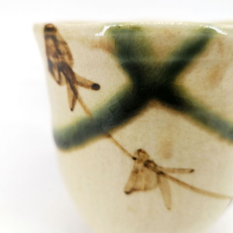 Tasse à thé japonaise en céramique, beige lignes vertes - BEJU