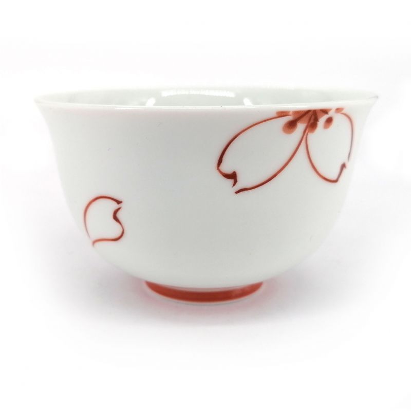 Taza de té de cerámica japonesa, blanca con flores rojas - SAKURA