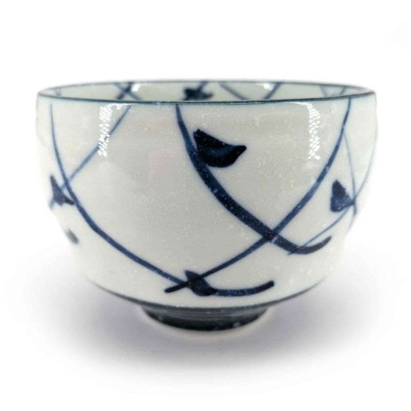 Japanische Keramik Teetasse, weiß und blau, Vogel Silhouetten - TORI