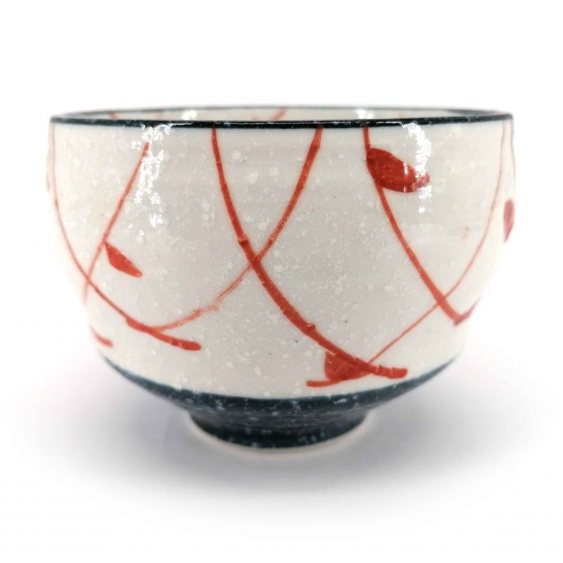 Japanische Keramik-Teetasse, weiß und rot, Vogelsilhouetten - TORI