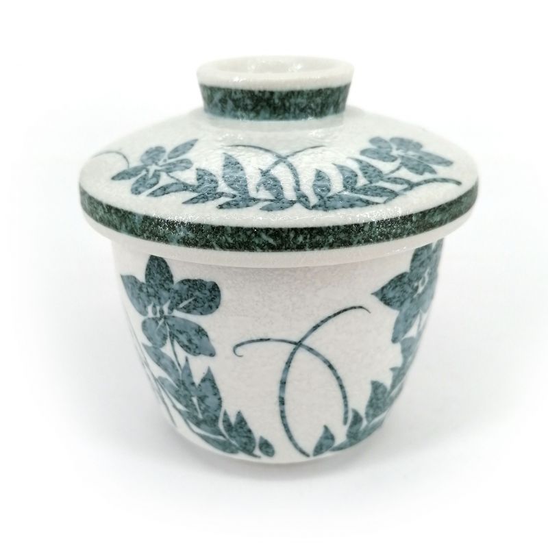 Tasse japonaise avec couvercle chawan mushi, gris et fleurs bleues - AOI HANA