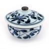 Japanese round mug with lid chawan mushi, white, blue floral pattern - BURUFURORARU