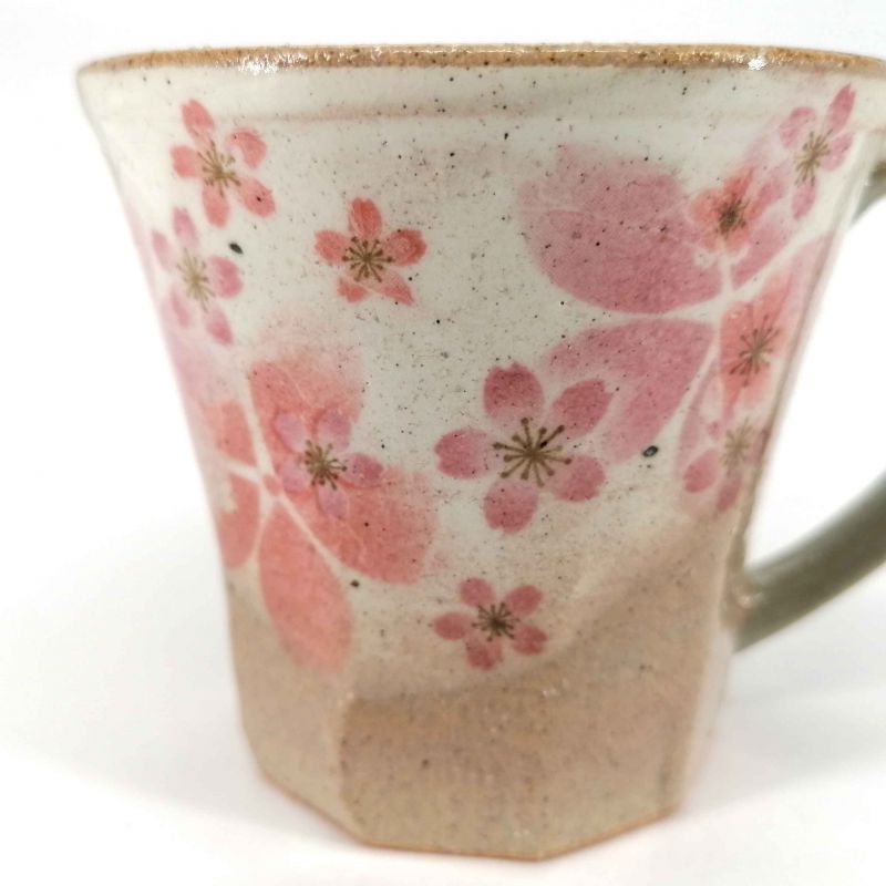 Mug japonais en céramique avec anse, beige et rose - SAKURA