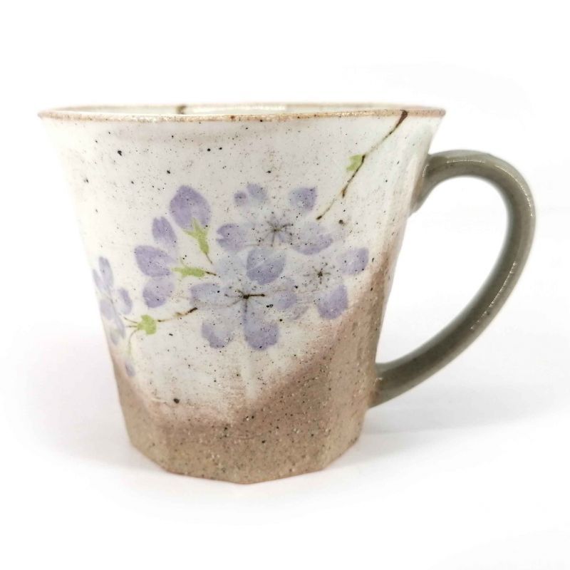 Mug japonais en céramique avec anse, beige et violet - SAKURA