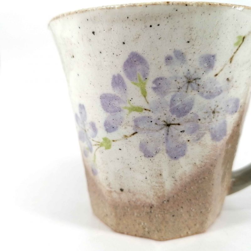 Mug japonais en céramique avec anse, beige et violet - SAKURA