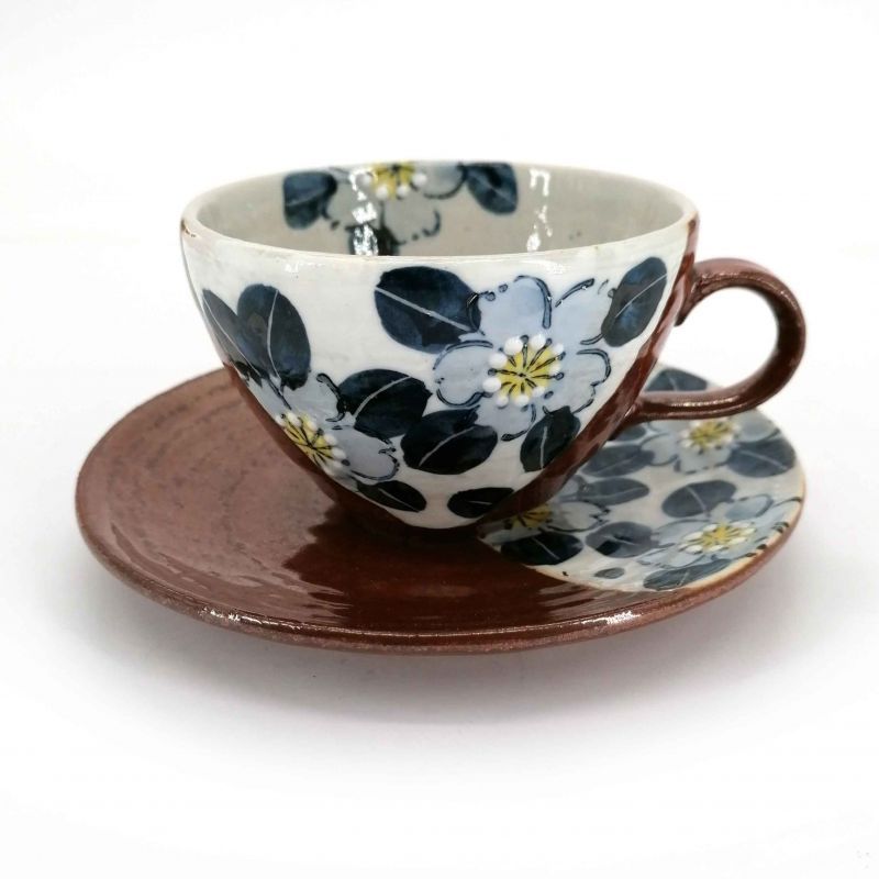 Ceramic tea cup with handle and saucer, brown and flowers - AOI HANA