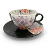 Ceramic tea cup with handle and saucer, black and flowers - HANA