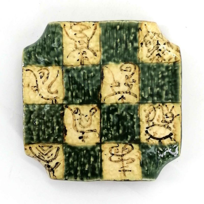 Square plate in green and beige raised ceramic - CHEKKABODO