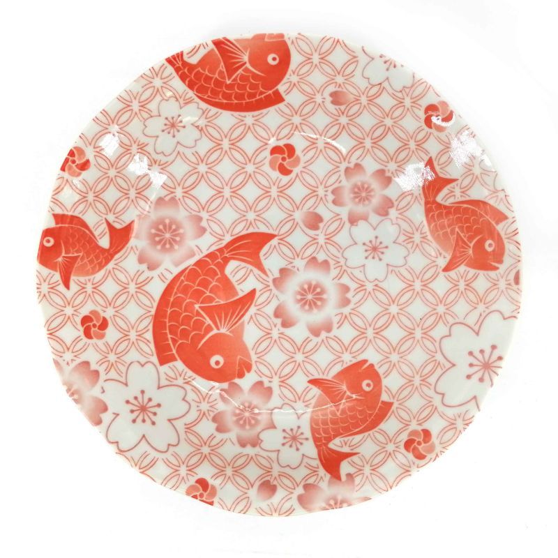 Runde Keramik tiefe Platte, Rot, Fisch und Sakura Muster - SHIPPO