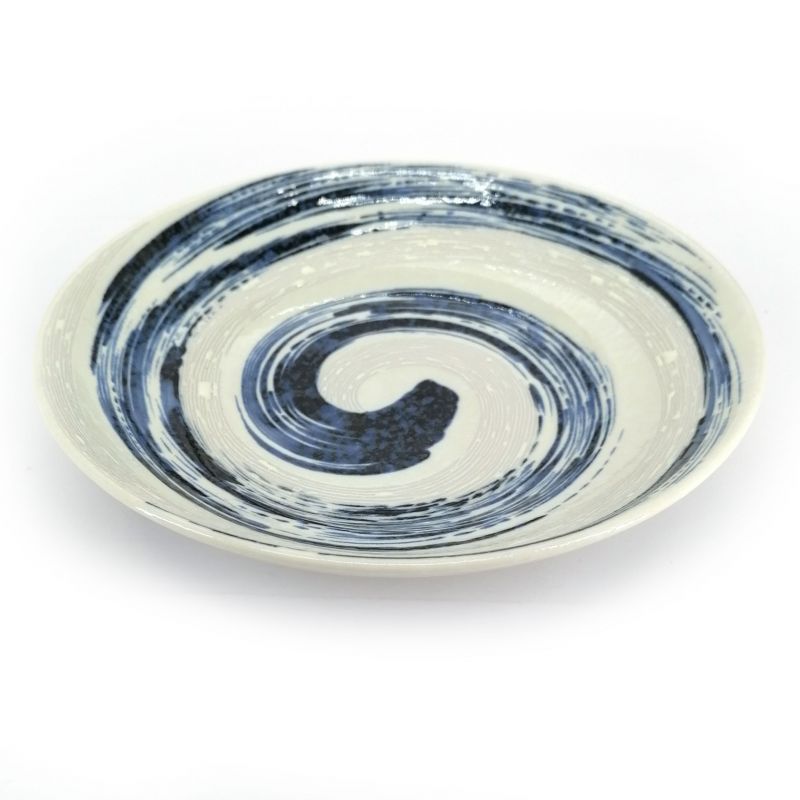 Round ceramic plate, blue and white, brush effect - SENPU