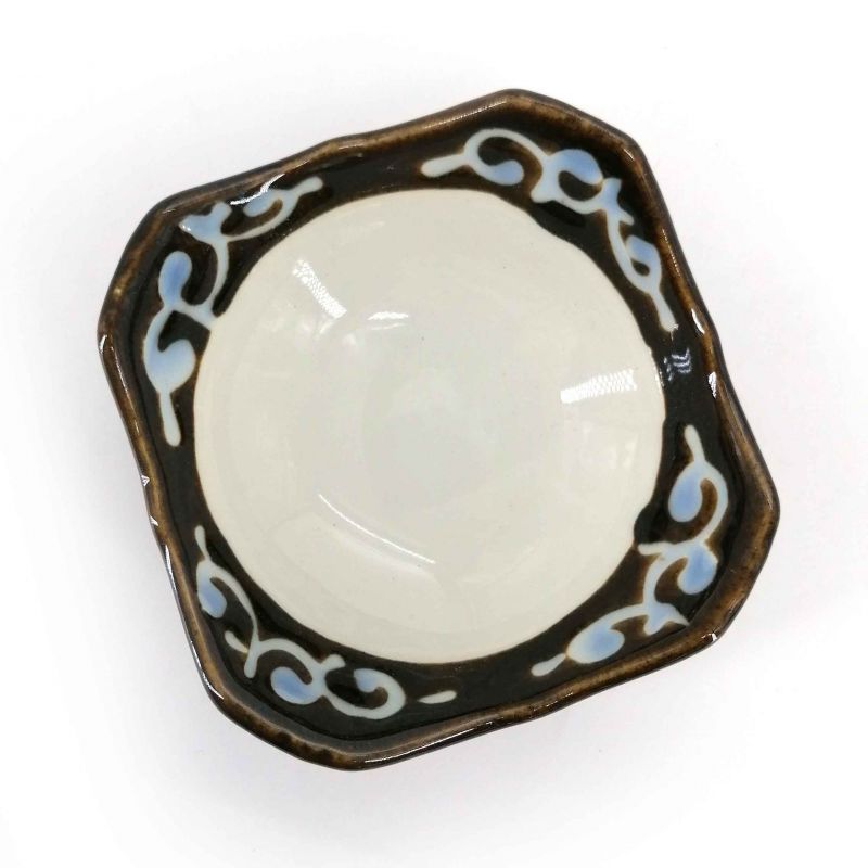 Kleiner japanischer quadratischer brauner Keramikbehälter mit blauen Arabesken - ARABESUKU