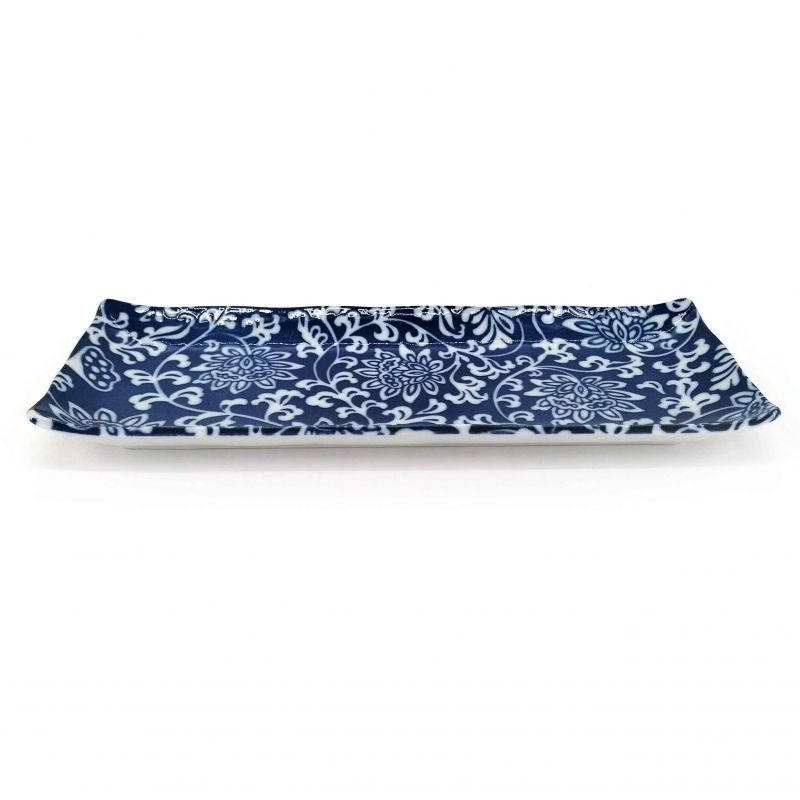 Piatto rettangolare giapponese in ceramica, fiori blu e bianchi - HANA