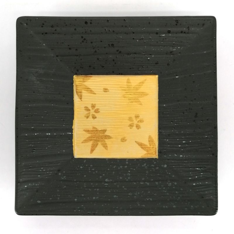 Japanische quadratische Keramikplatte, schwarz mit goldener Mitte - MOMIJI