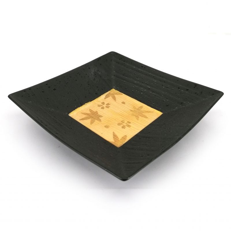 Japanische quadratische Keramikplatte, schwarz mit goldener Mitte - MOMIJI