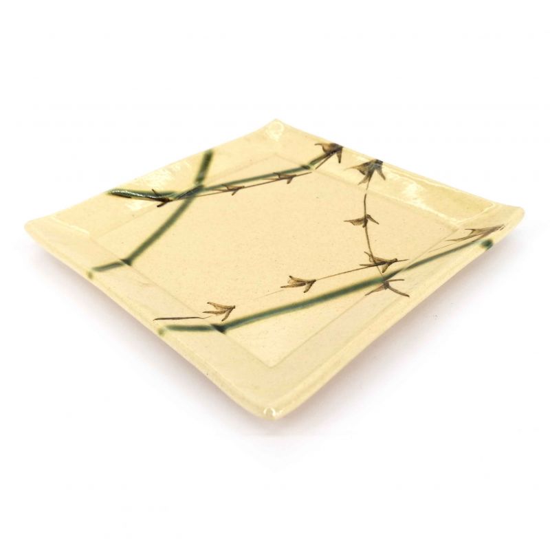Piatto quadrato in ceramica giapponese, beige e verde - ORIBE TAKE