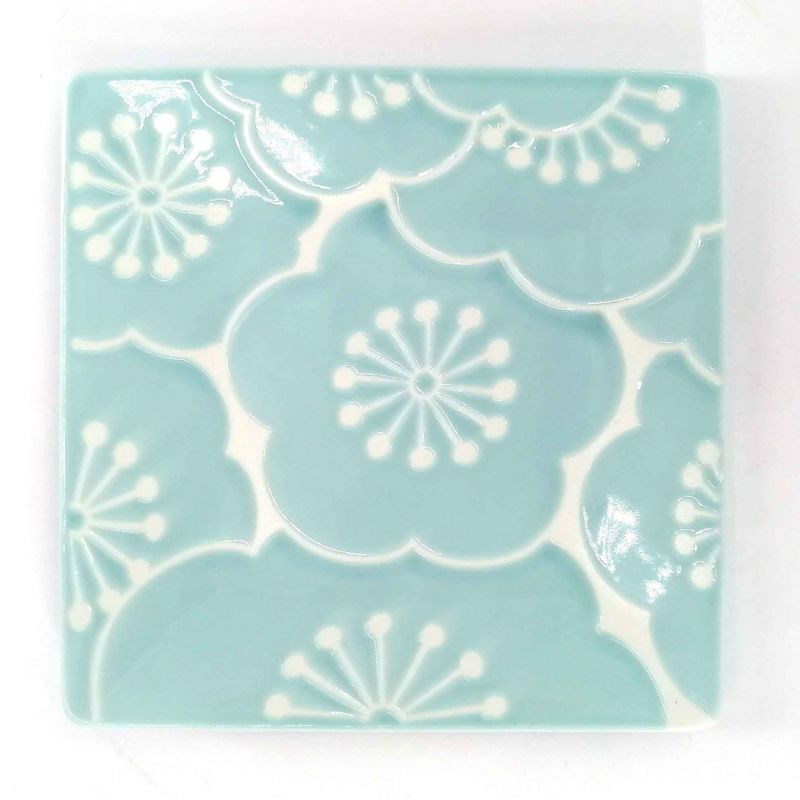 Plato de cerámica cuadrado japonés, azul y blanco - UME
