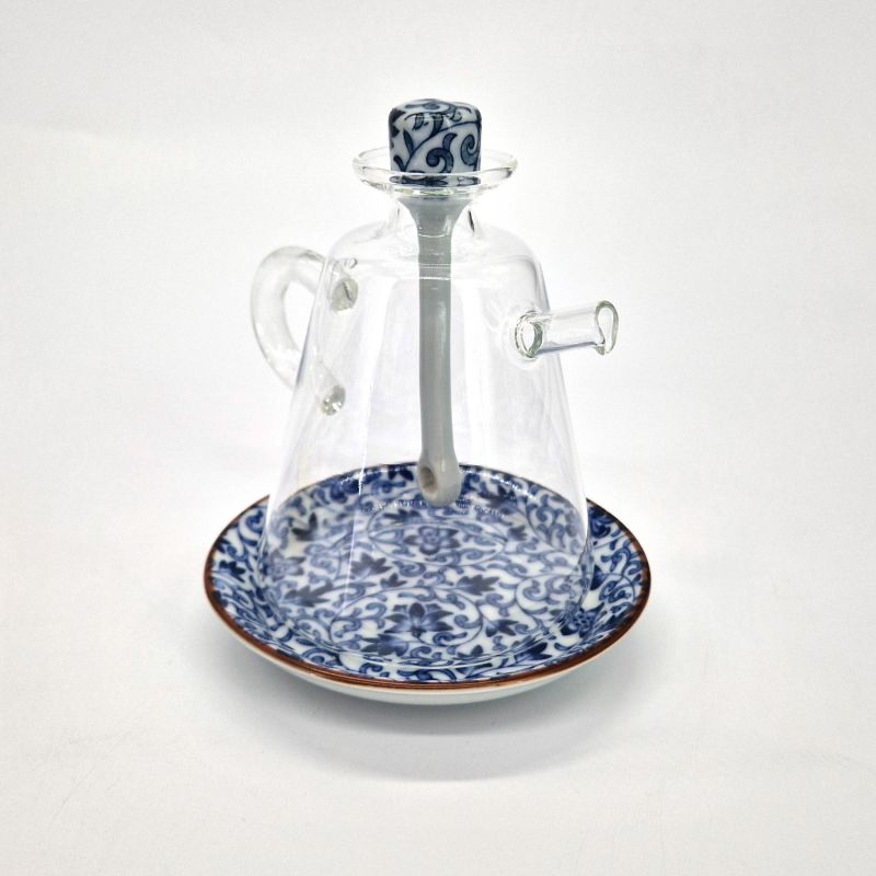 Japanese traditional pot for soy sauce in glass and ceramic, SAYA, blue and white